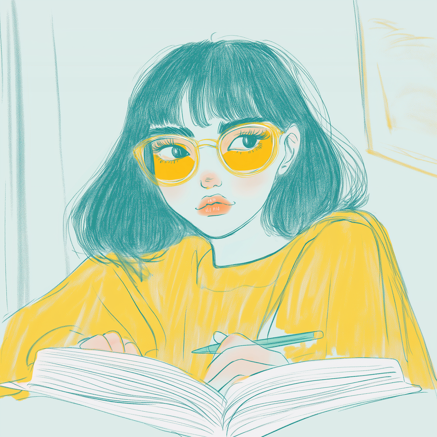 Thoughtful Woman with Yellow Glasses