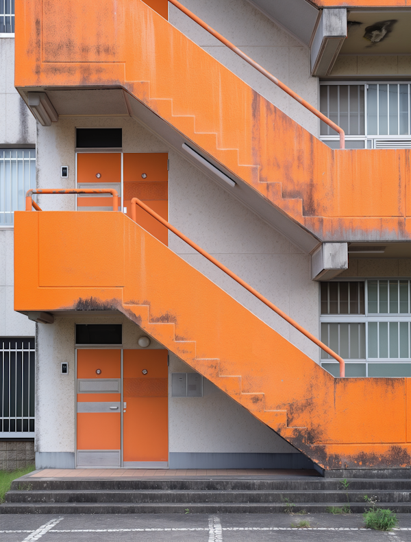 Vibrant Orange Outdoor Staircase on Gray Building