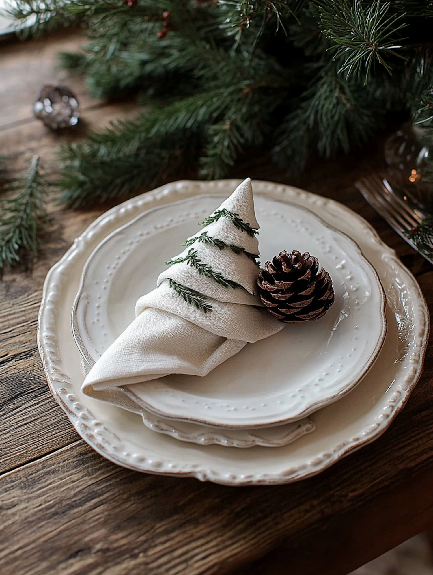 Festive Table Setting with Christmas Tree Napkin