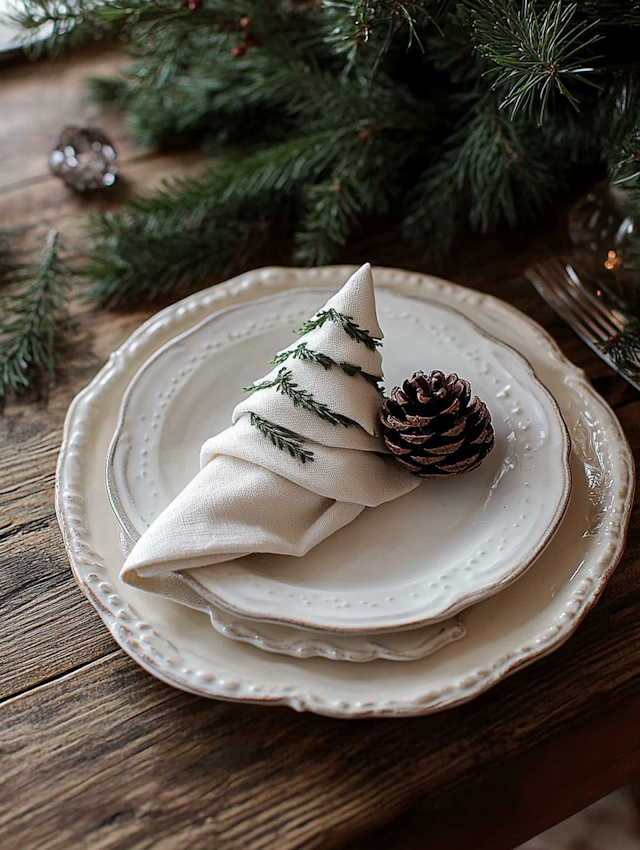 Festive Table Setting with Christmas Tree Napkin