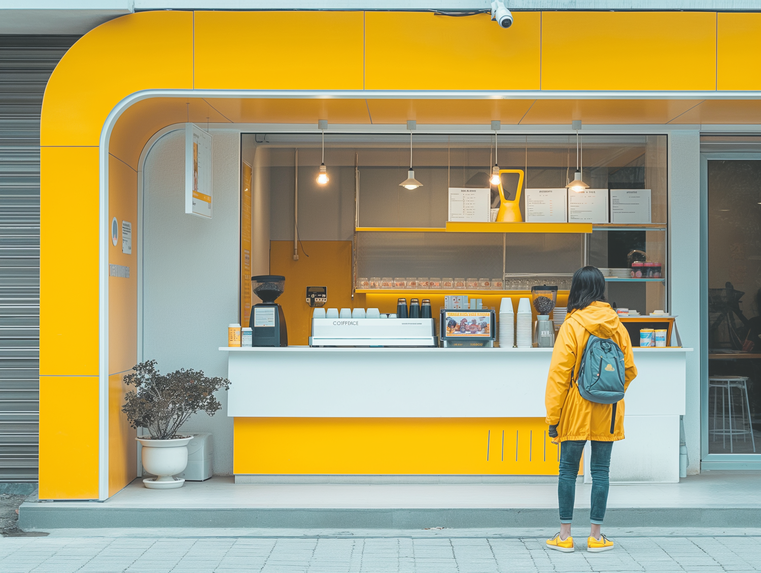 Modern Coffee Kiosk with Color-Coordinated Customer