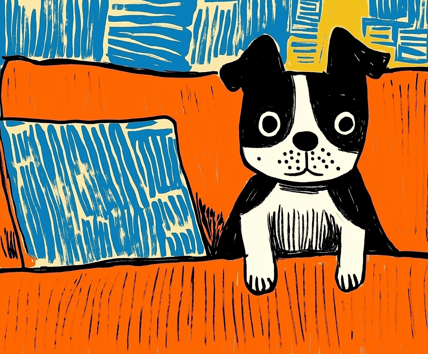 Stylized Illustration of Black and White Dog