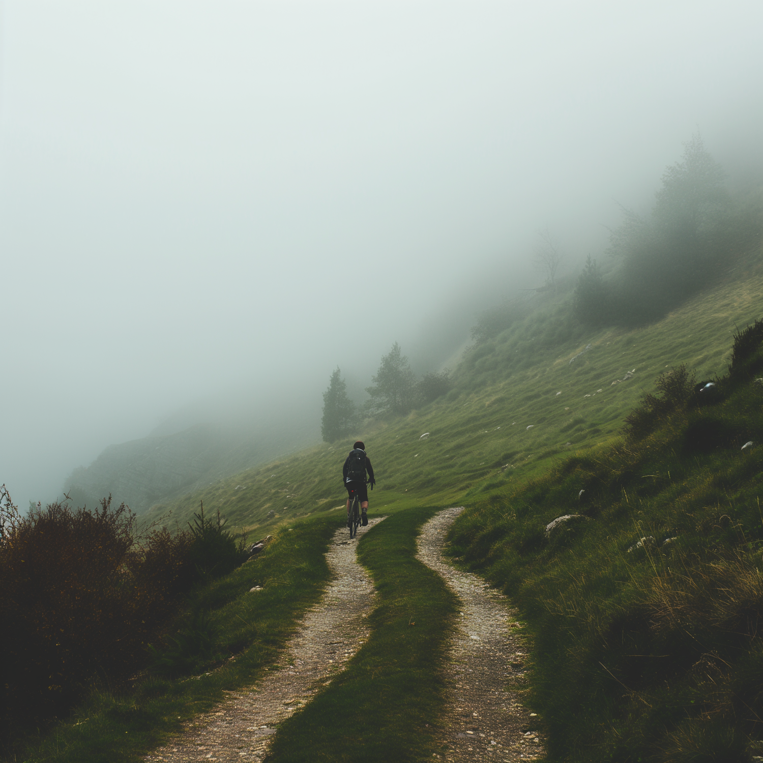 Solitary Cyclist on a Misty Gravel Path