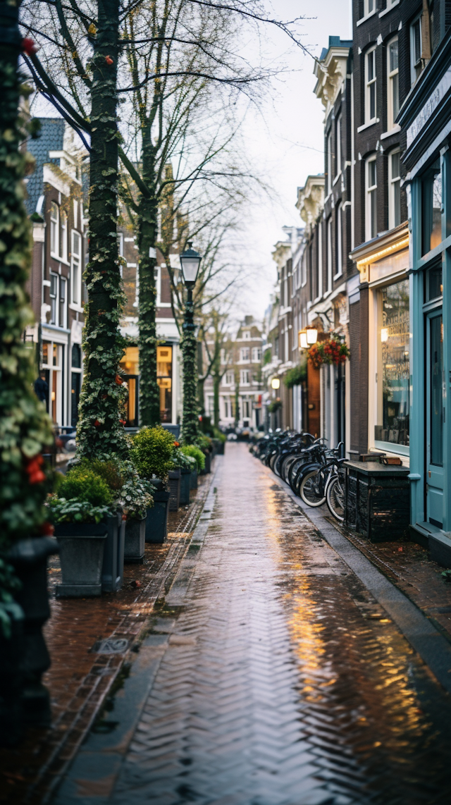 Twilight Serenity on a Rain-Kissed European Street