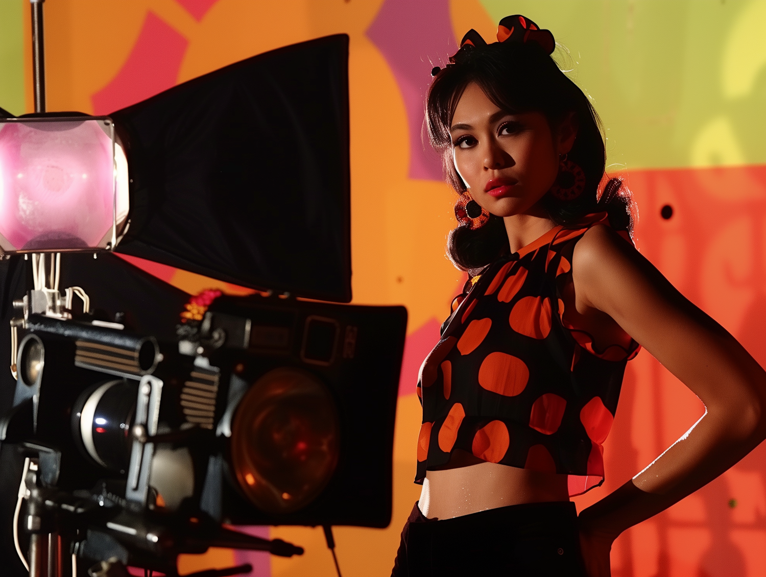 Young Woman in Fashionable Outfit Posing with Film Camera