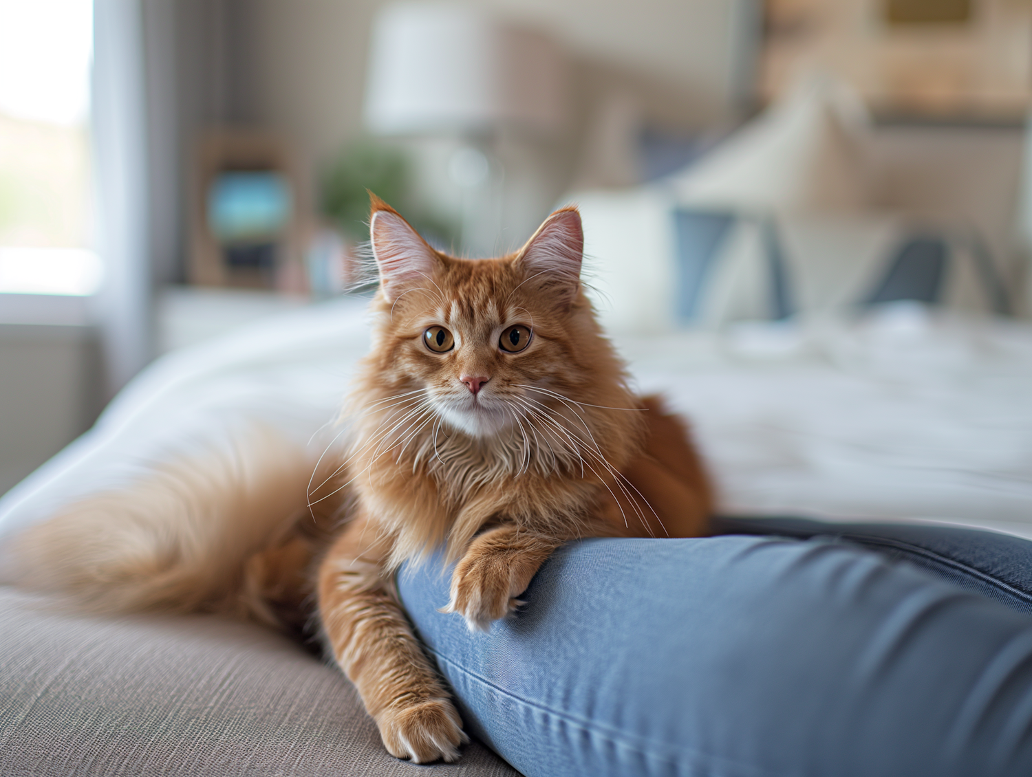 Serene Orange Cat on Grey Couch