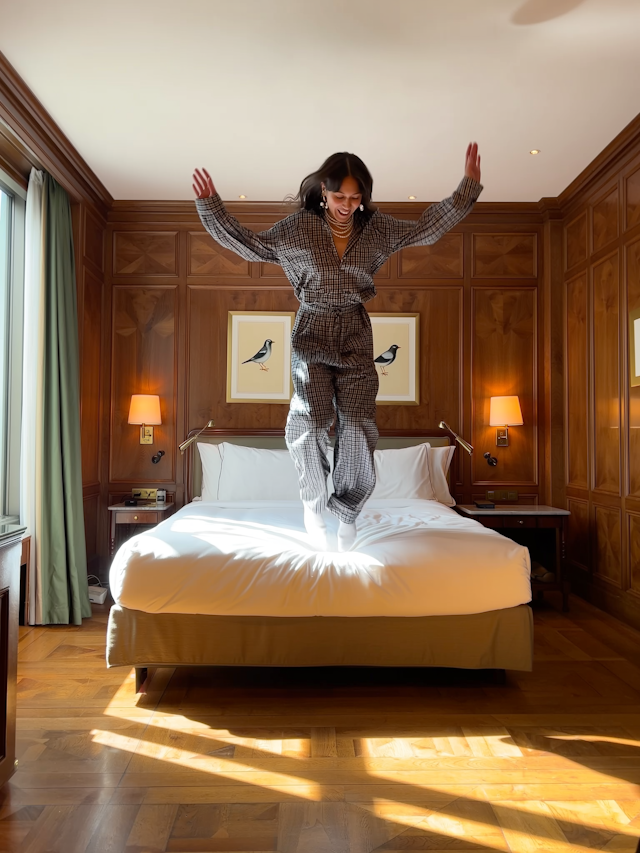 Jumping on Hotel Bed