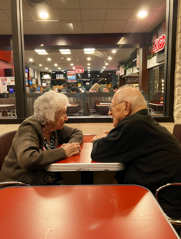 Elderly Couple's Conversation in Fast Food Restaurant