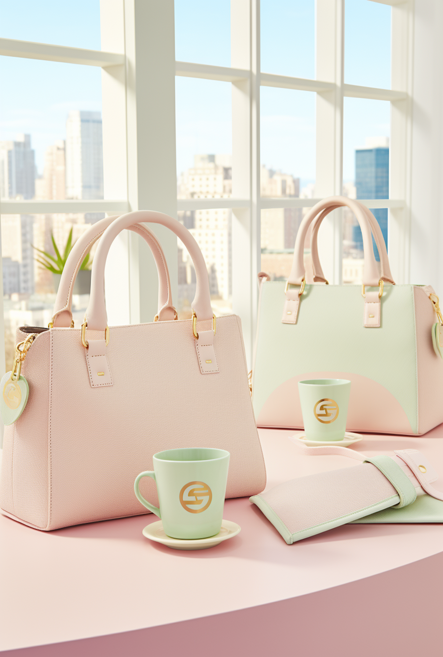 Pastel Elegance: Fashion and Homeware Ensemble with Cityscape