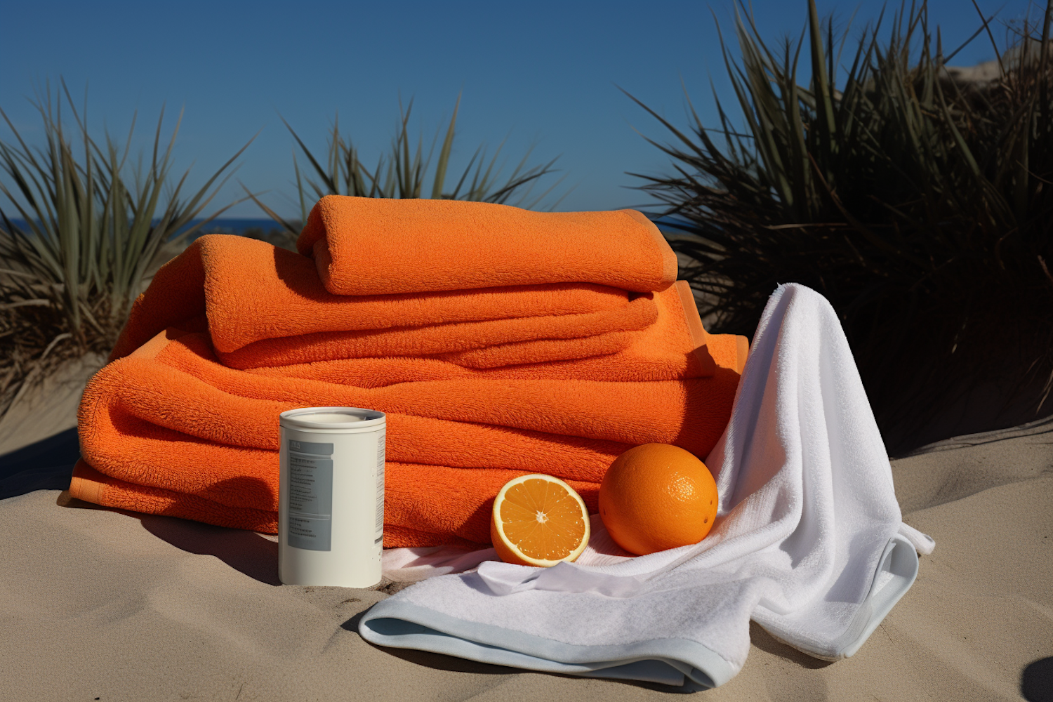 Sunny Beachside Tranquility with Orange Towels and Refreshments