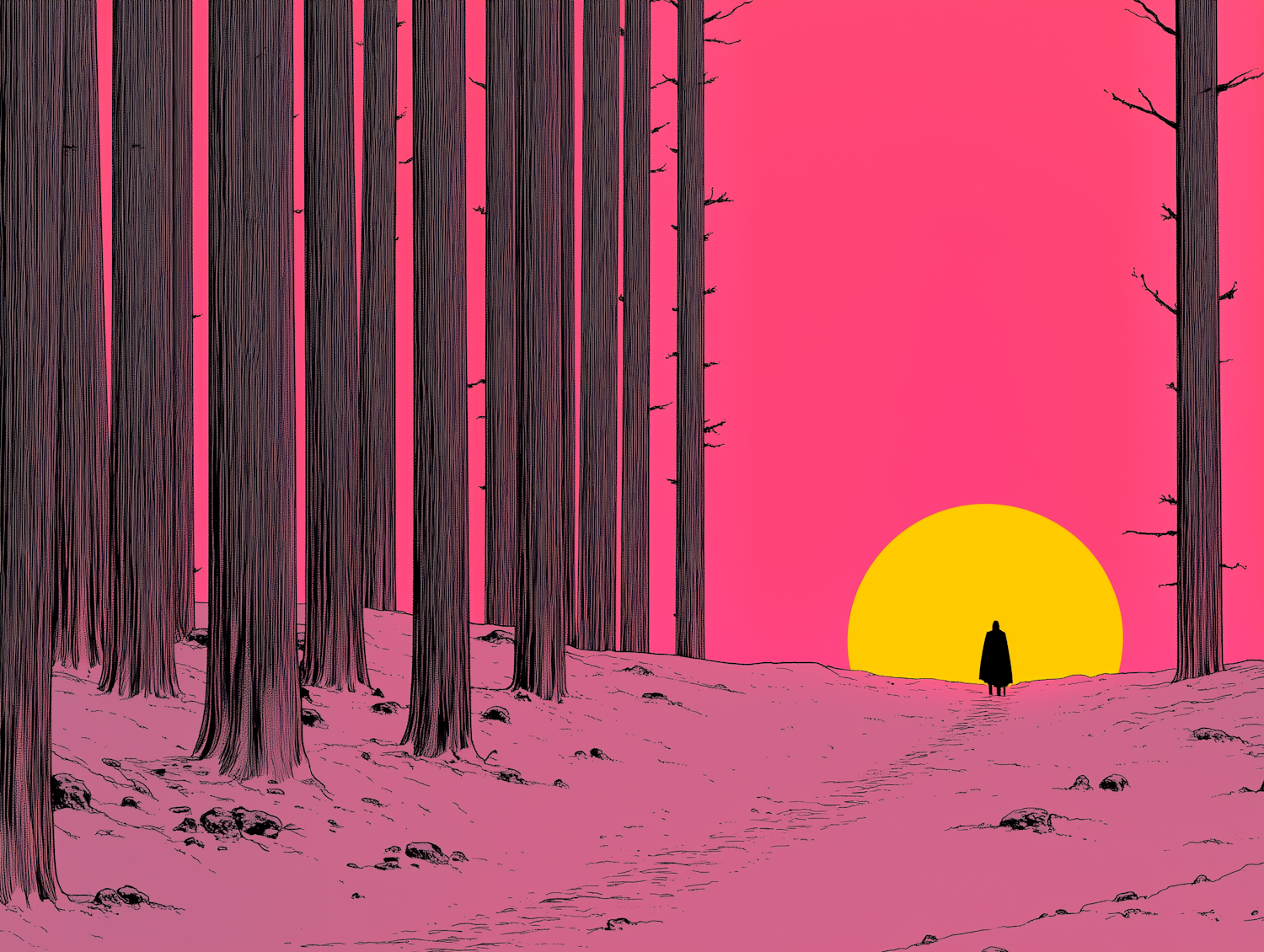 Solitary Figure in Surreal Forest