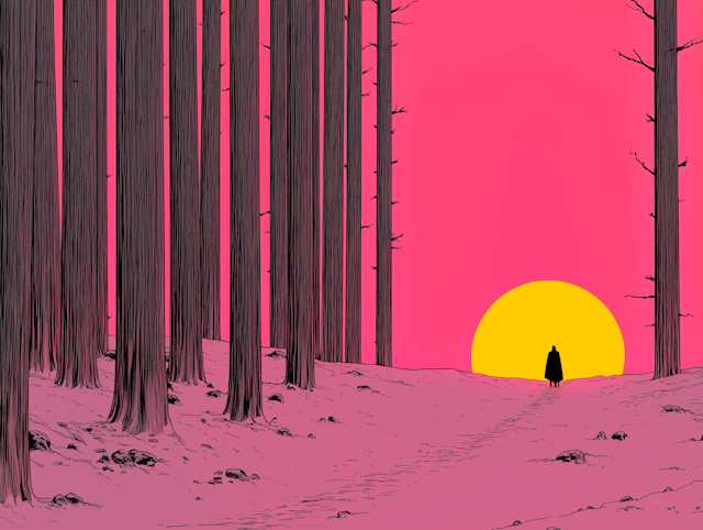 Solitary Figure in Surreal Forest