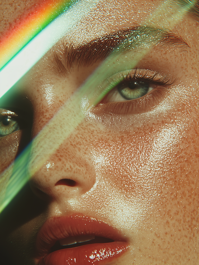 Close-up of a Human Face with Rainbow Light Effect