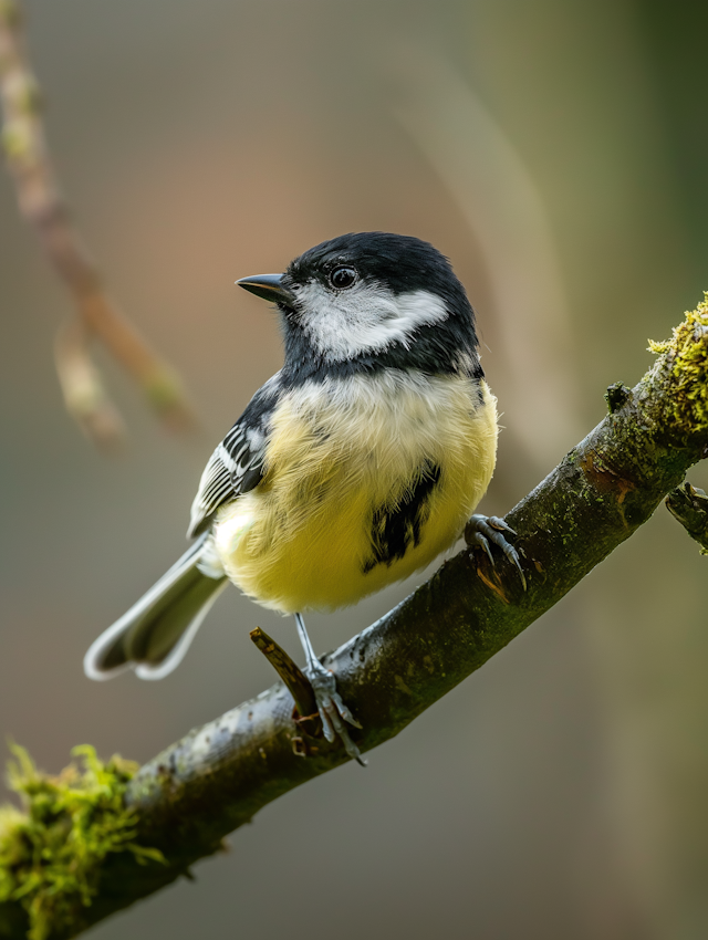 Perched Black Tit Bird with Bright Yellow Accents