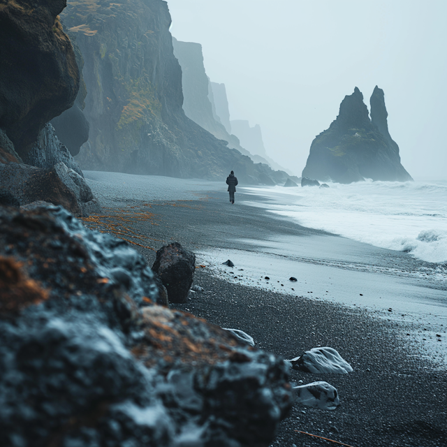 Lone Wanderer on the Monochrome Shores