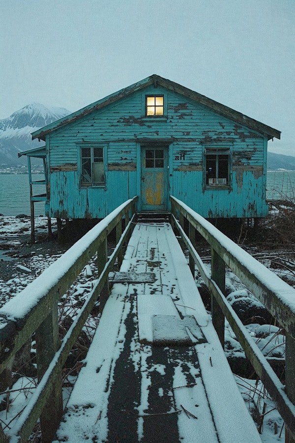 Weathered Turquoise House in Winter