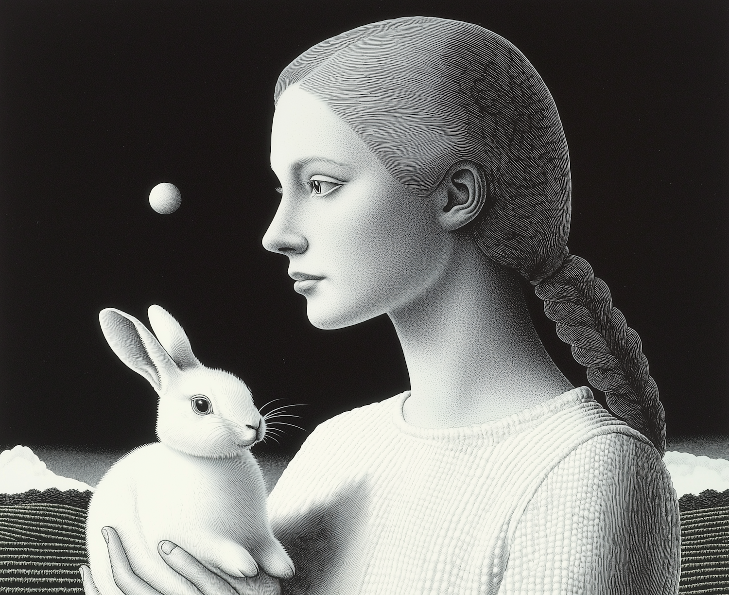 Surreal Monochrome Illustration of Woman and Rabbit