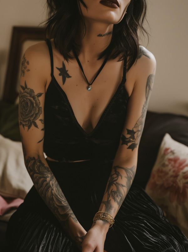 Enigmatic Tattooed Woman in Velvet Dress