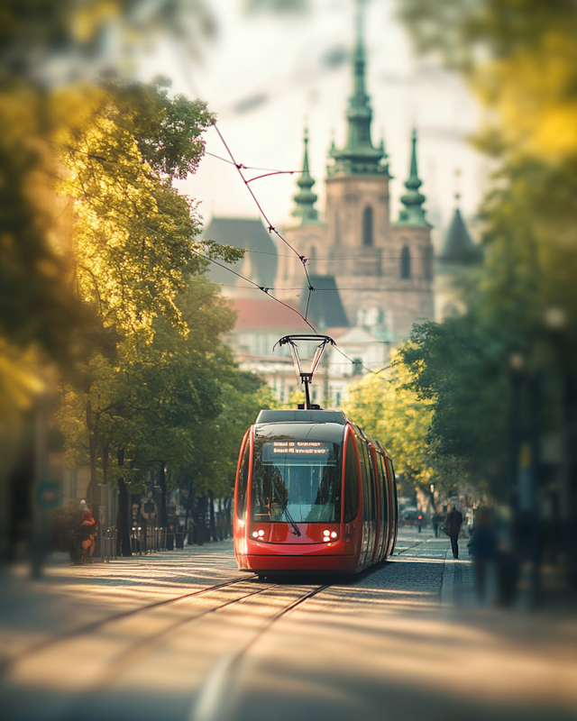 Modern Red Tram in Historic European City