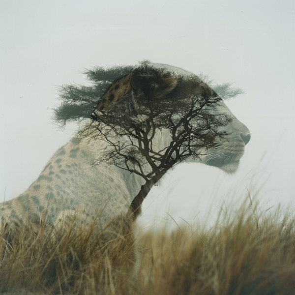 Silhouette of a Giraffe and Lion Hybrid in a Savanna Landscape