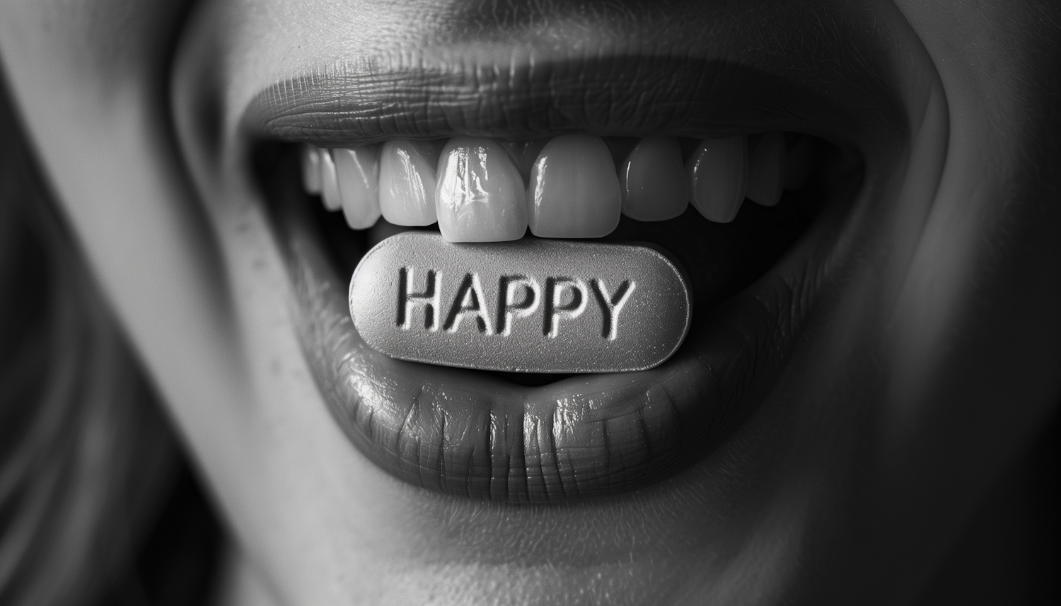 Monochrome Pill Labeled HAPPY