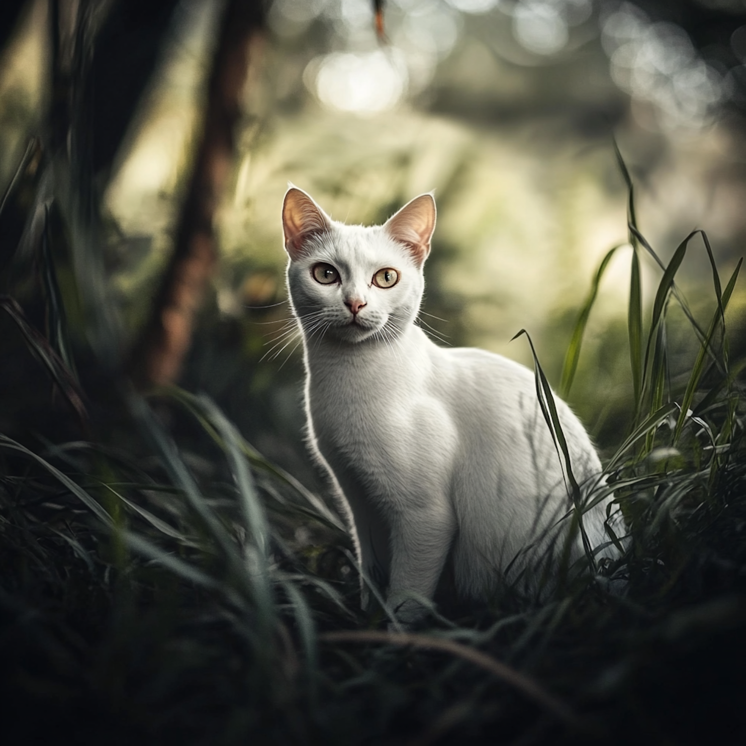 Curious White Cat in Tall Grass