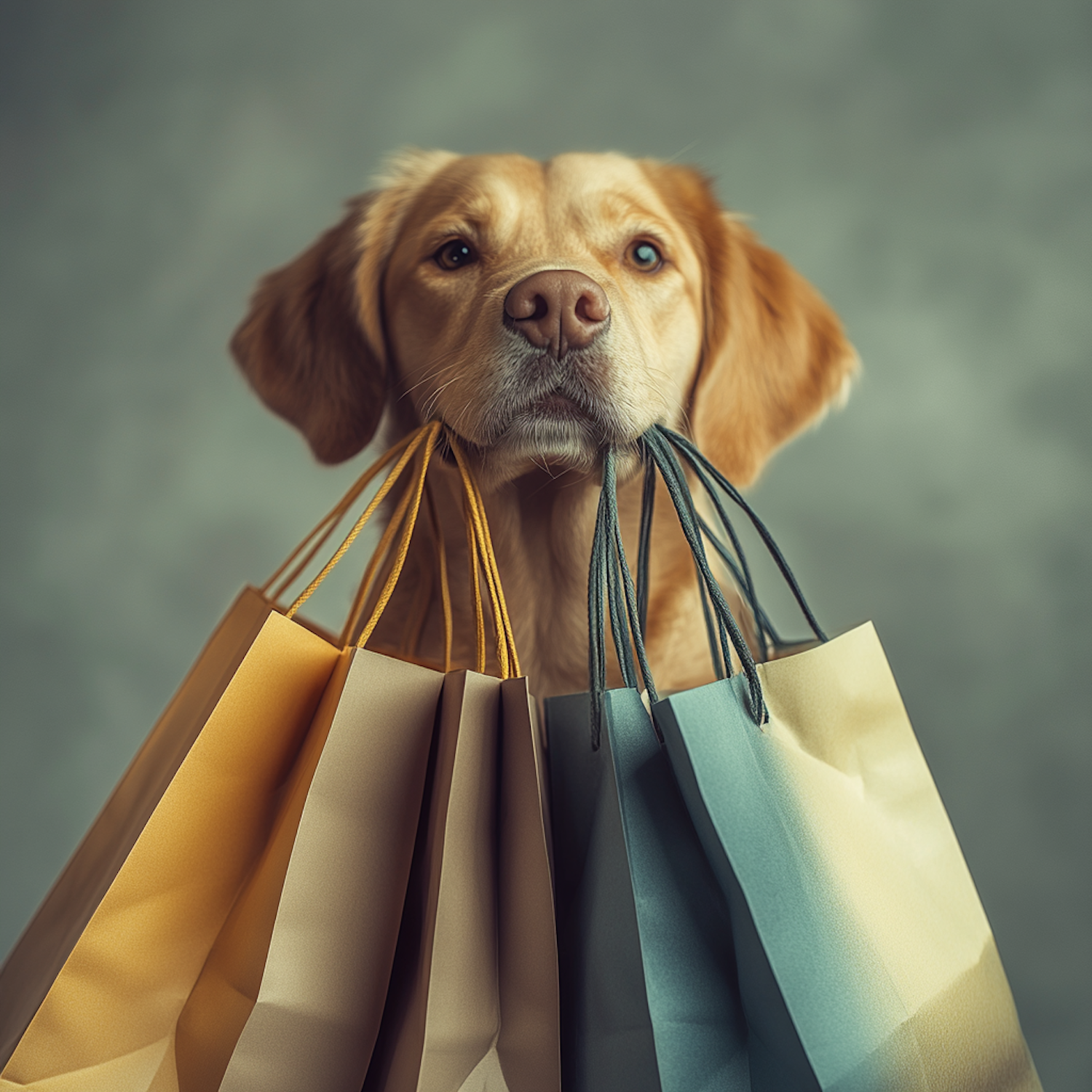 Golden Retriever with Shopping Bags