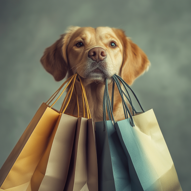 Golden Retriever with Shopping Bags