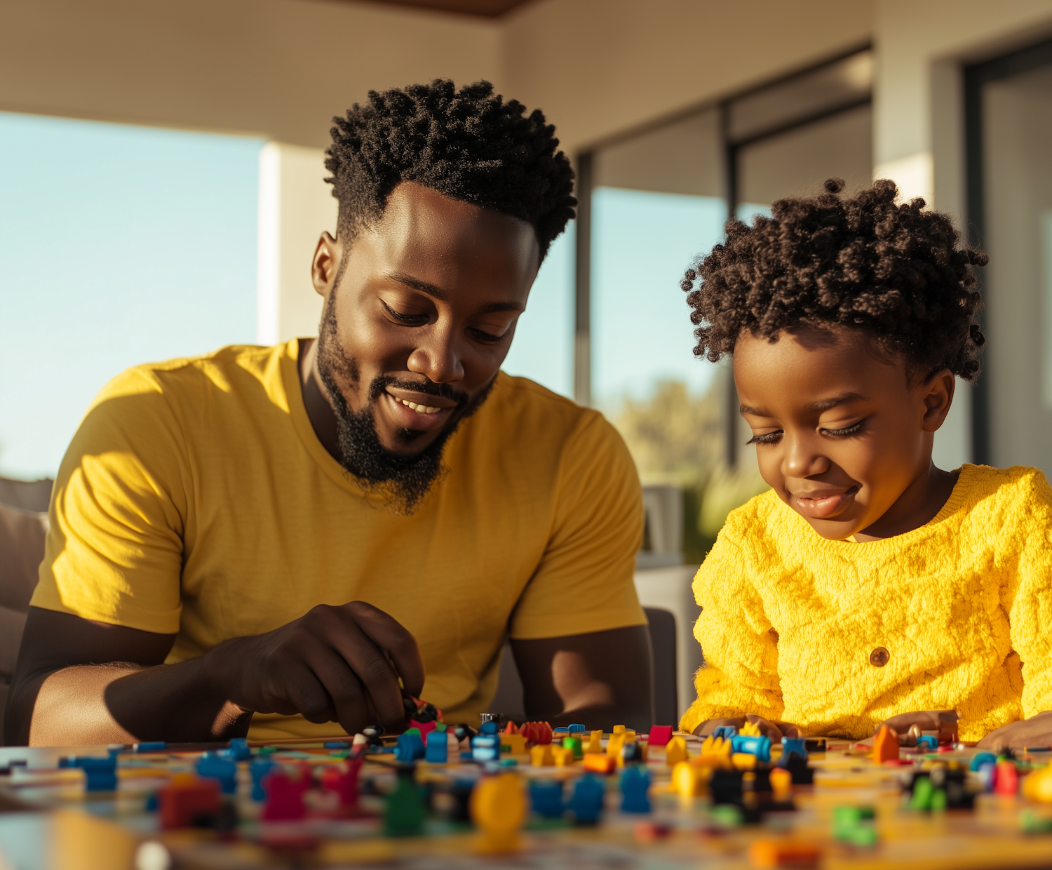 Father and Son Playing with Building Blocks