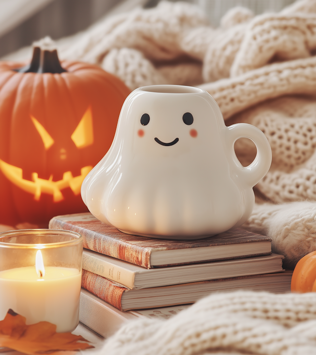 Cozy Autumn Scene with Ghost Mug