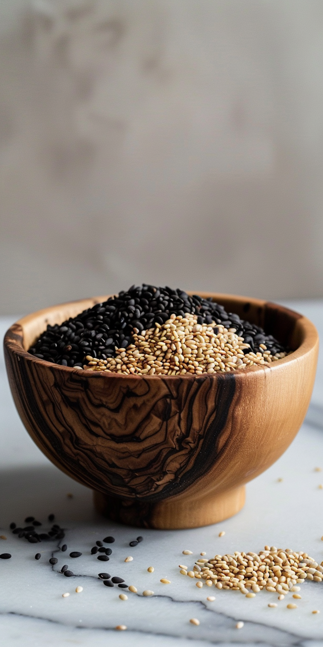 Sesame Seeds in Wooden Bowl