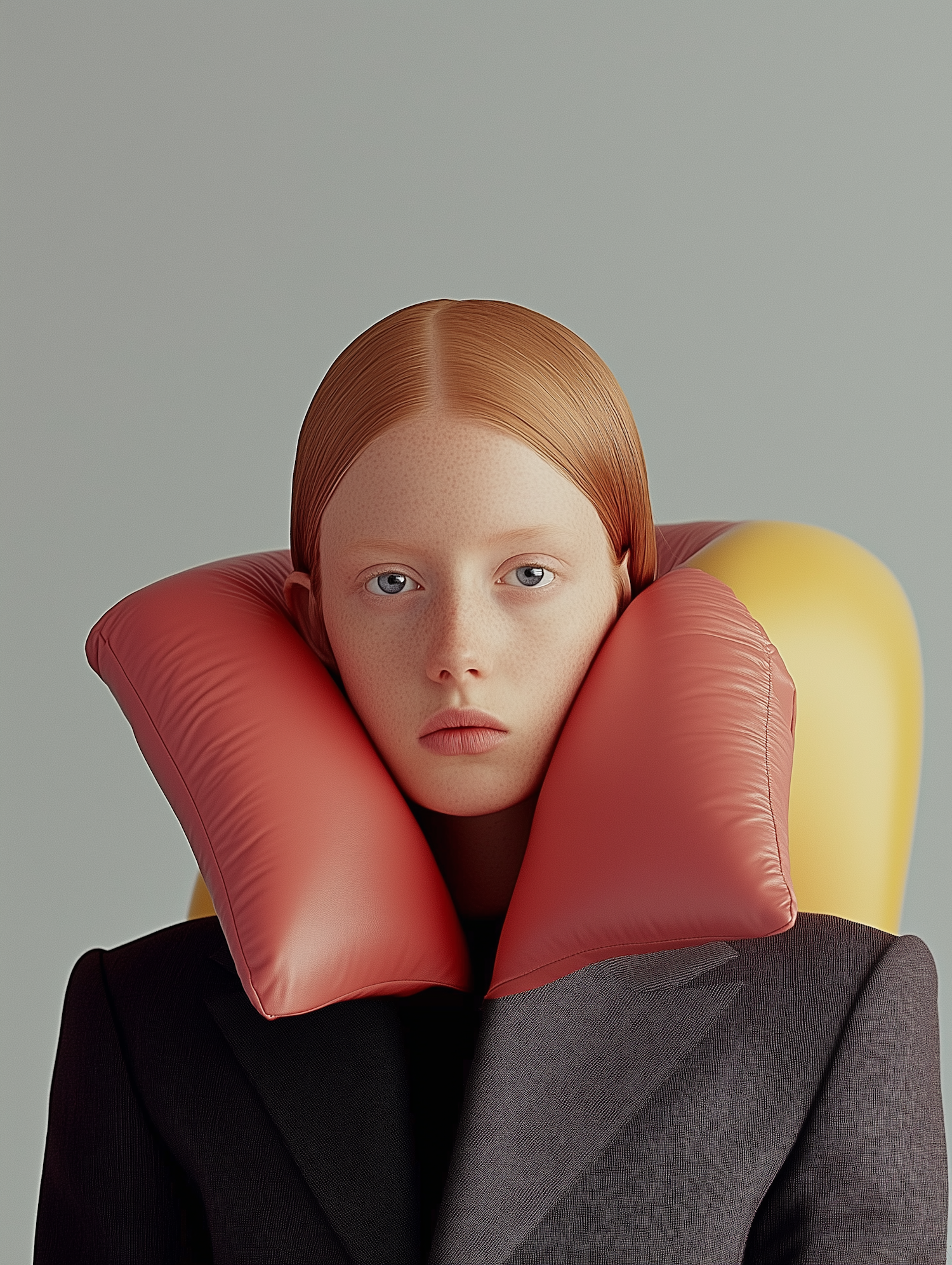 Young Person with Red Hair and Neck Pillow