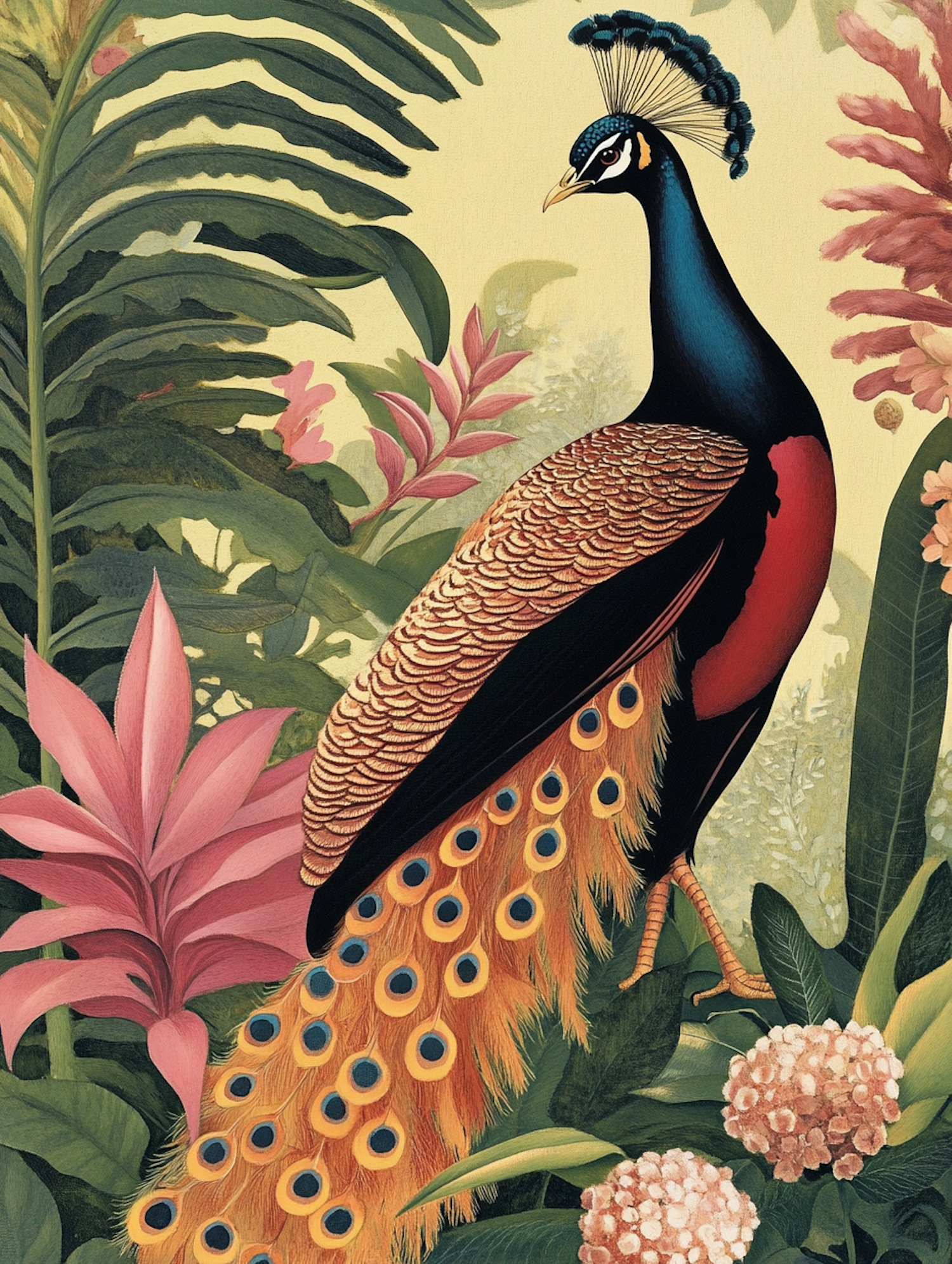 Vibrant Peacock in Tropical Foliage