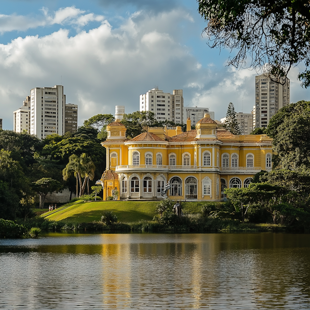 Yellow Mansion Amidst Urban Skyline