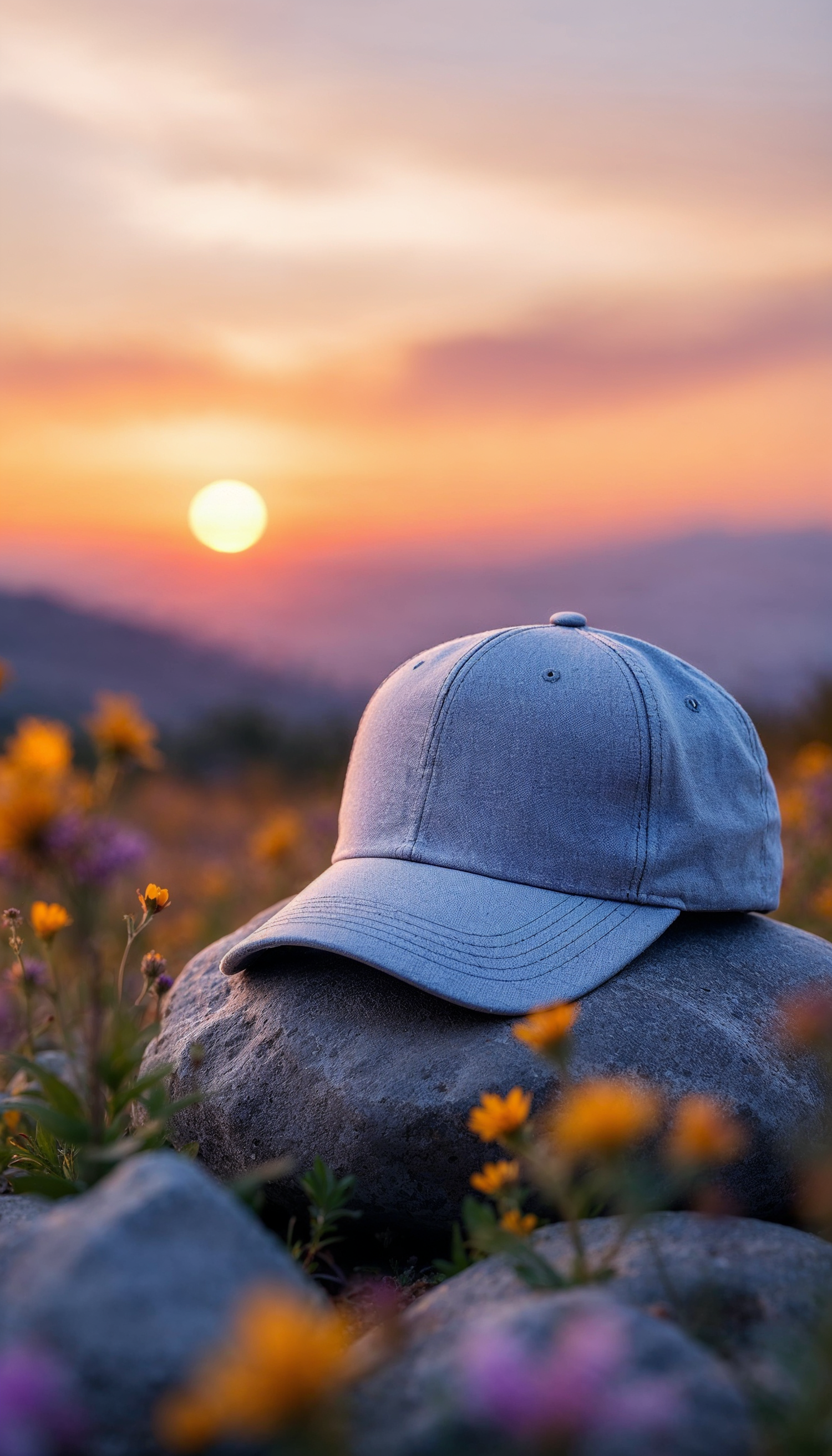 Baseball Cap in Wildflower Field at Sunset