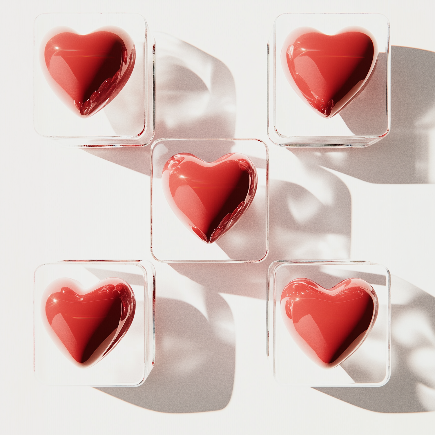 Glossy Red Hearts in Transparent Cubes