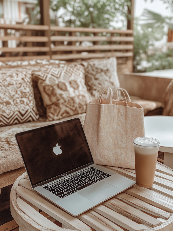 Outdoor Workstation with Laptop and Coffee