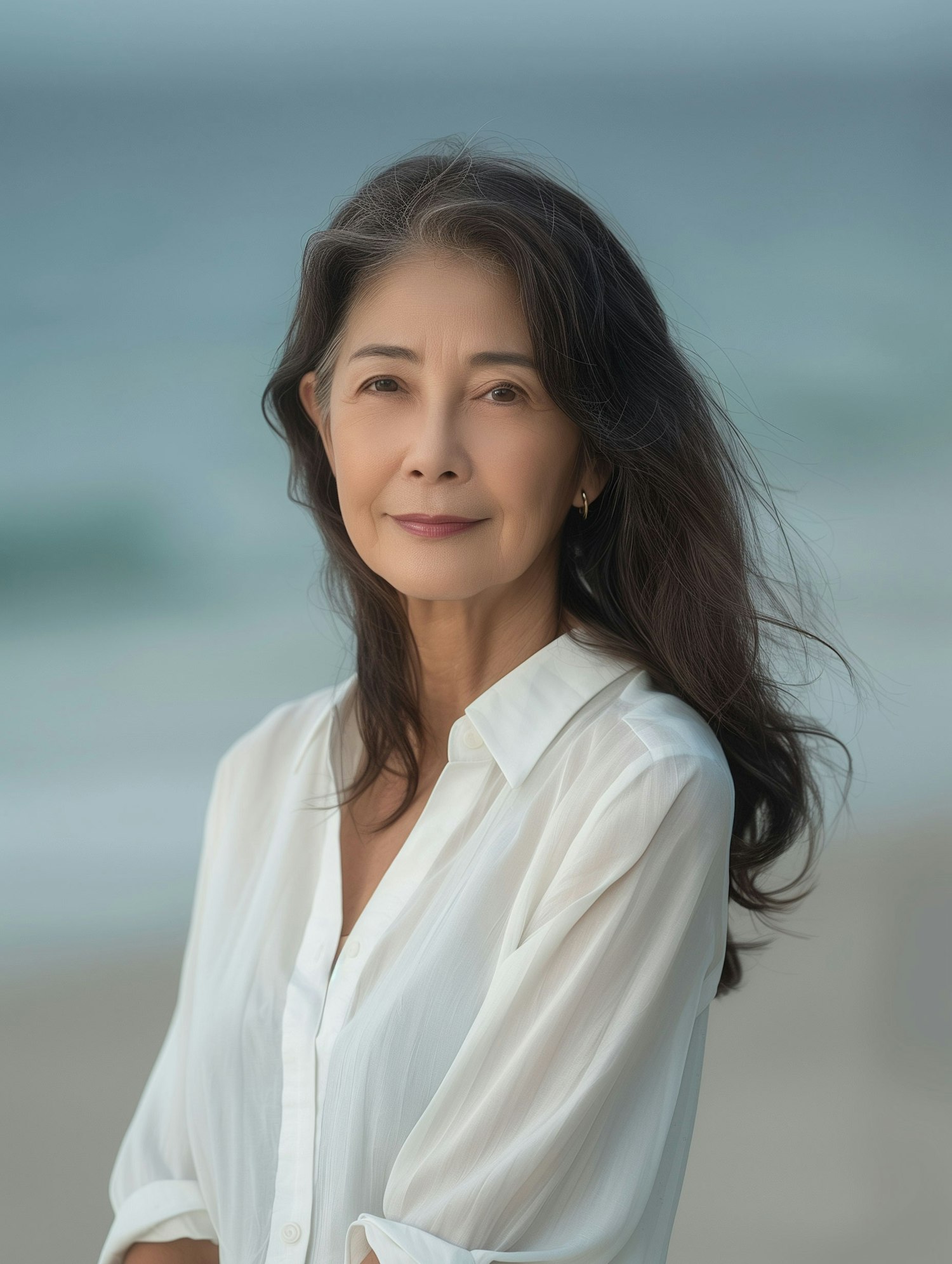 Serene Elderly Asian Woman by the Sea