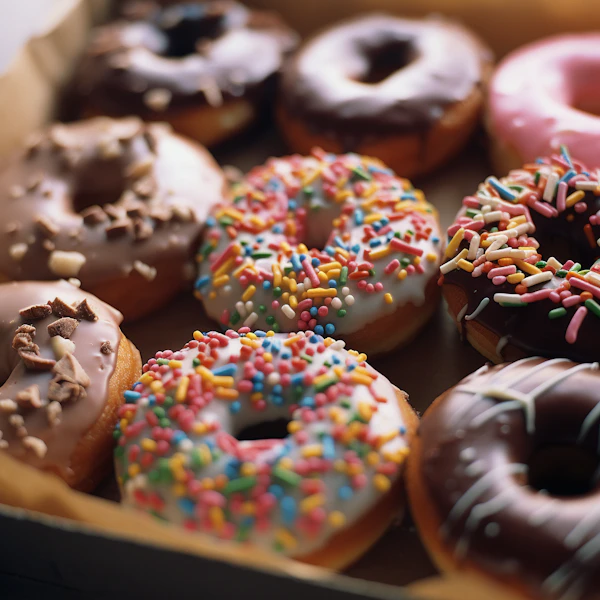 Colorful Assorted Gourmet Doughnuts in a Box