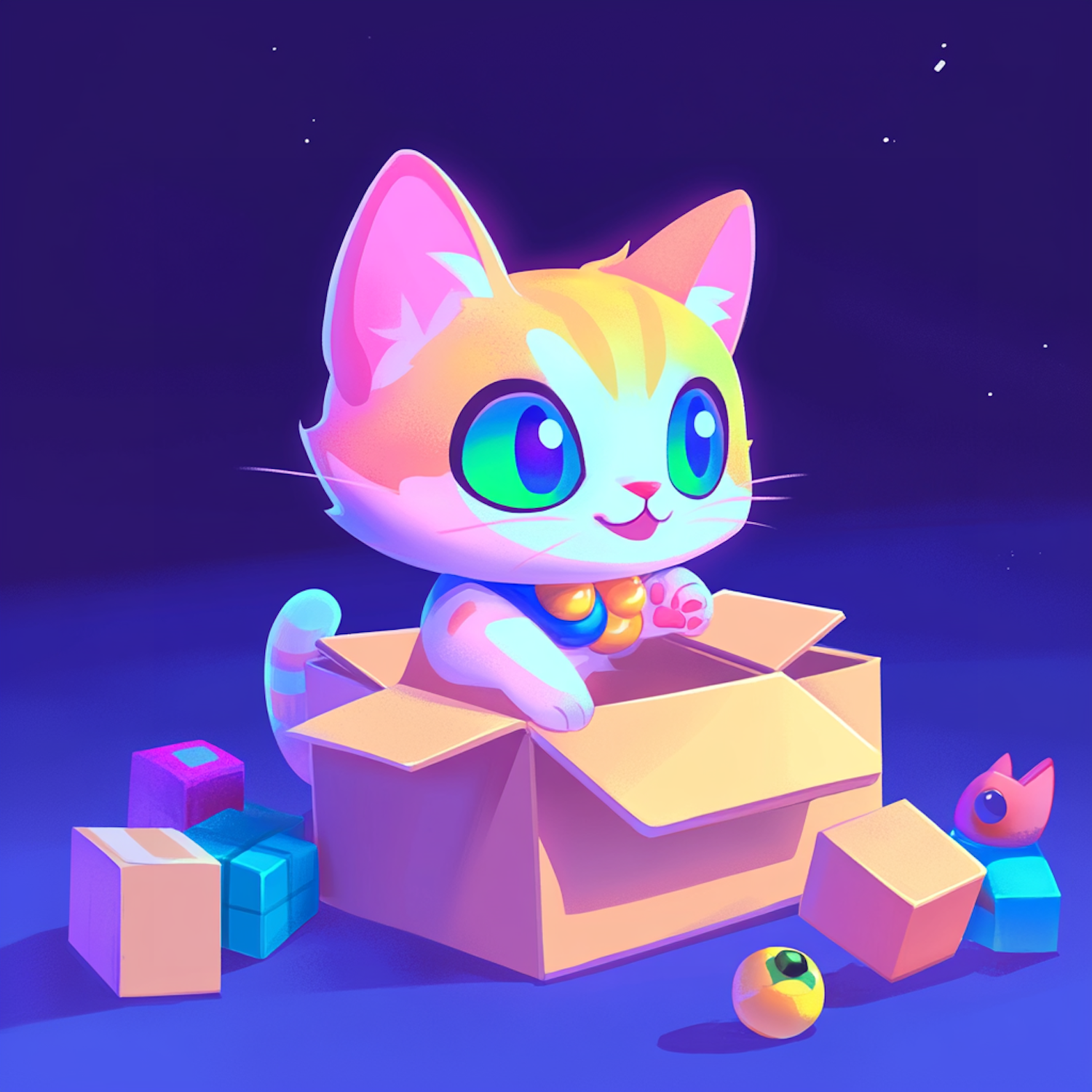 Adorable Cartoon Kitten in a Box