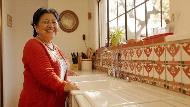 Smiling Woman in Cozy Kitchen