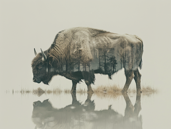 Double-Exposure Bison in Forest