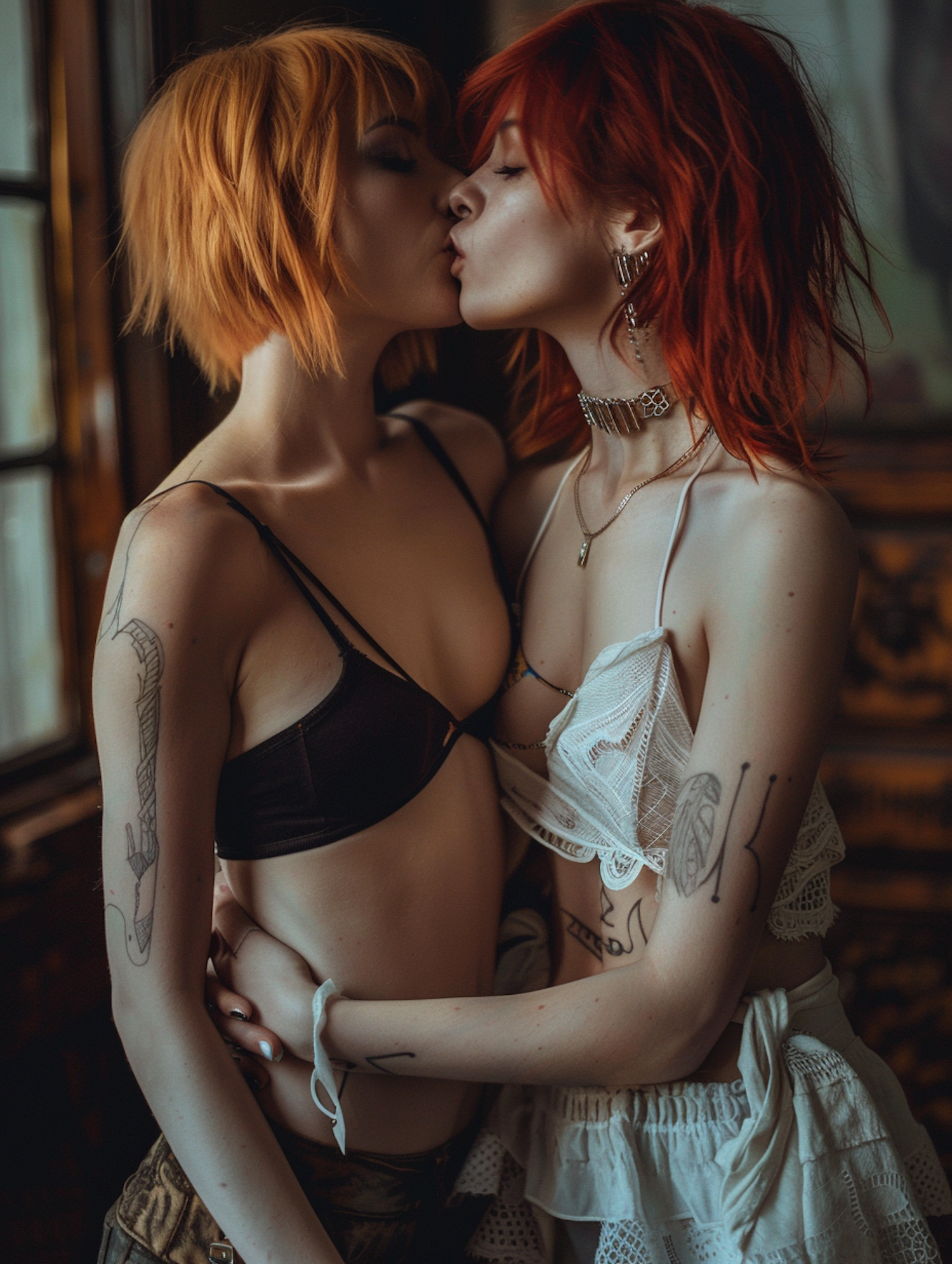 Intimate Moment of Young Women with Vibrant Hair