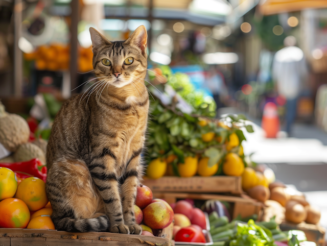 Tabby Cat Amidst Market Fruits