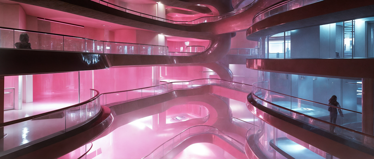 Futuristic Multi-Level Interior with Pink and Blue Lighting