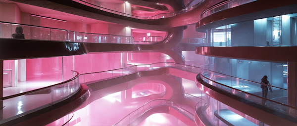 Futuristic Multi-Level Interior with Pink and Blue Lighting