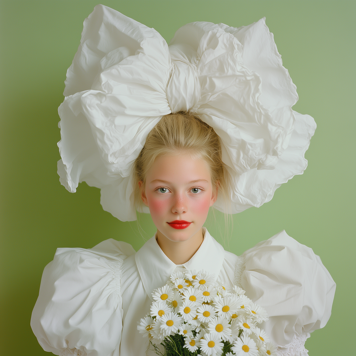 Young Girl with White Headpiece and Daisies