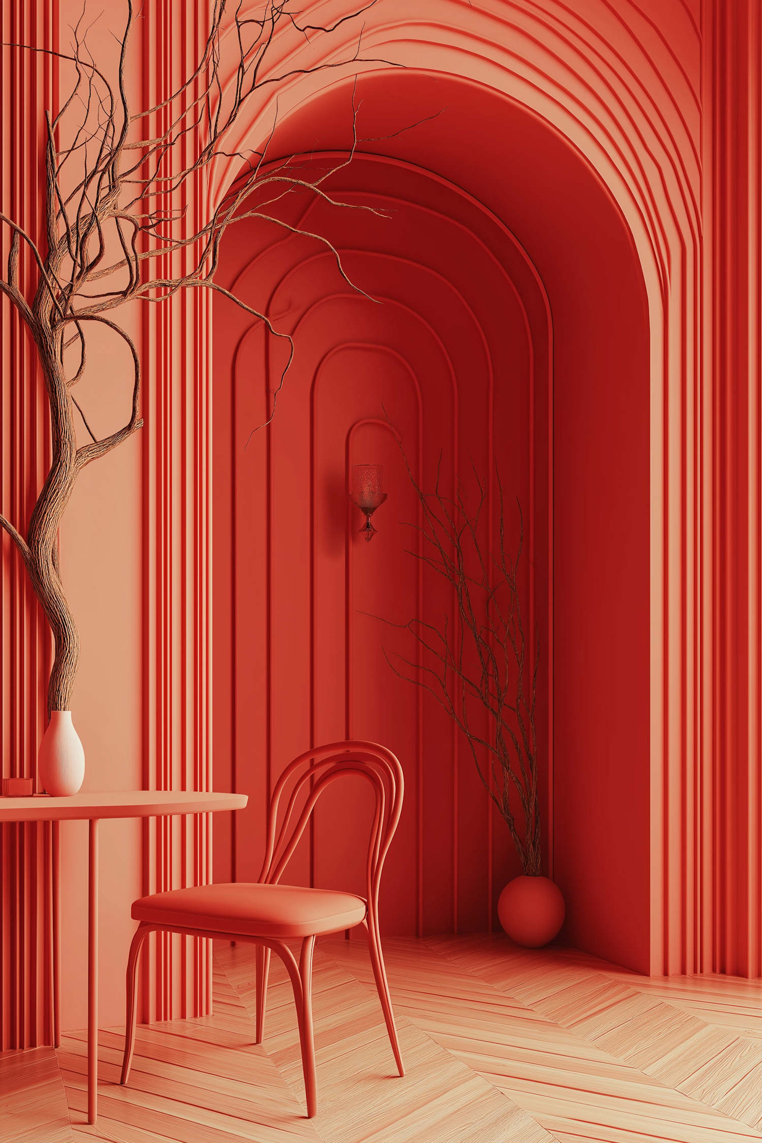 Monochromatic Red Room with Curved Architecture