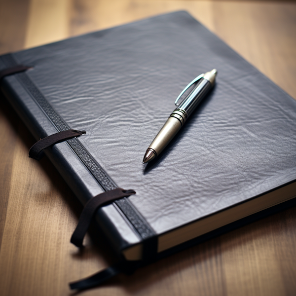 Black Leather Notebook with Metallic Pen on Wooden Surface