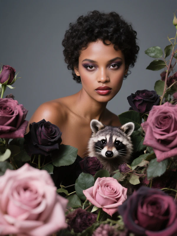 Woman and Raccoon with Roses